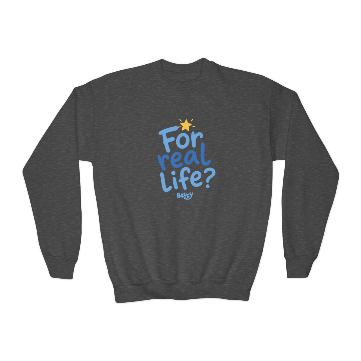 Bluey "For real life?" Kids Crewneck - alternate angle 2, merchandise