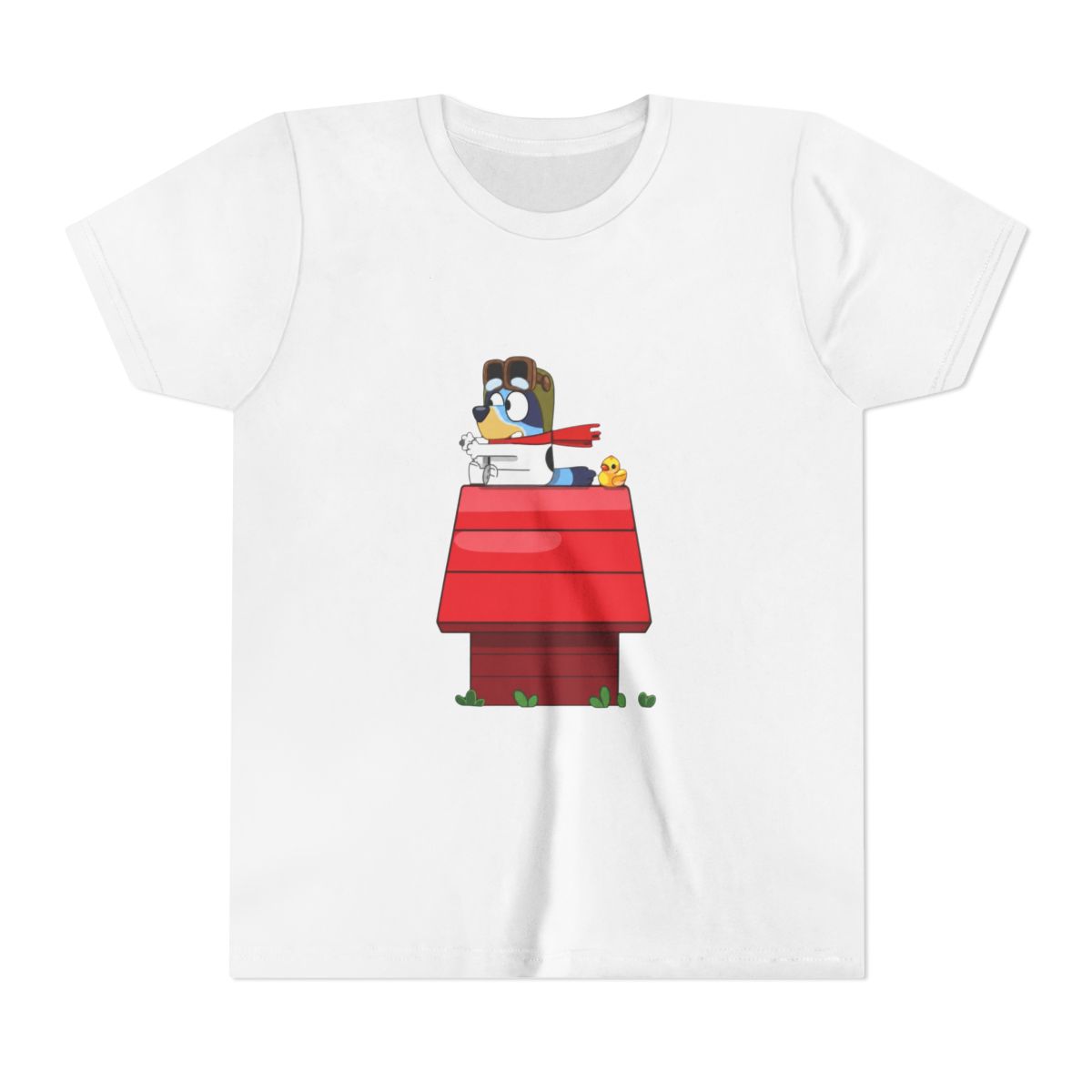 Bluey Flying Ace on Red Doghouse Kids T Shirt