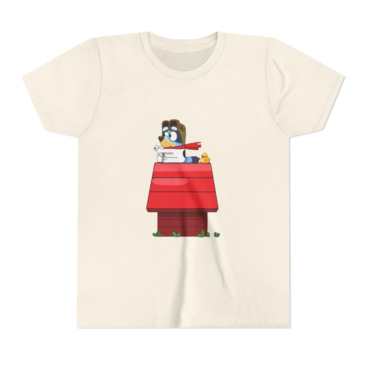 Bluey Flying Ace on Red Doghouse Kids T Shirt - alternate angle 3, merchandise