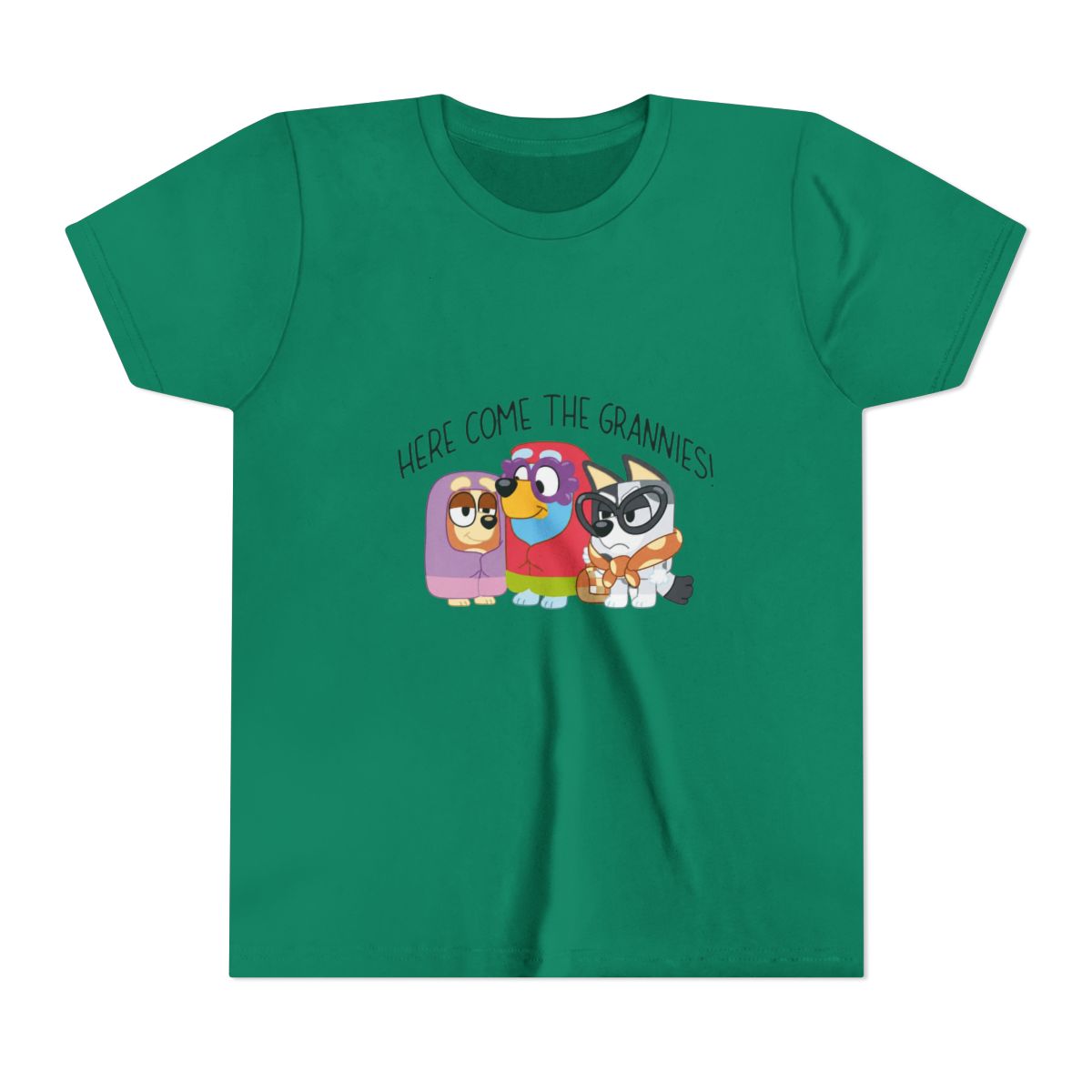 Bluey Here Come The Grannies Funny Scene Kids T Shirt - alternate angle 4, merchandise