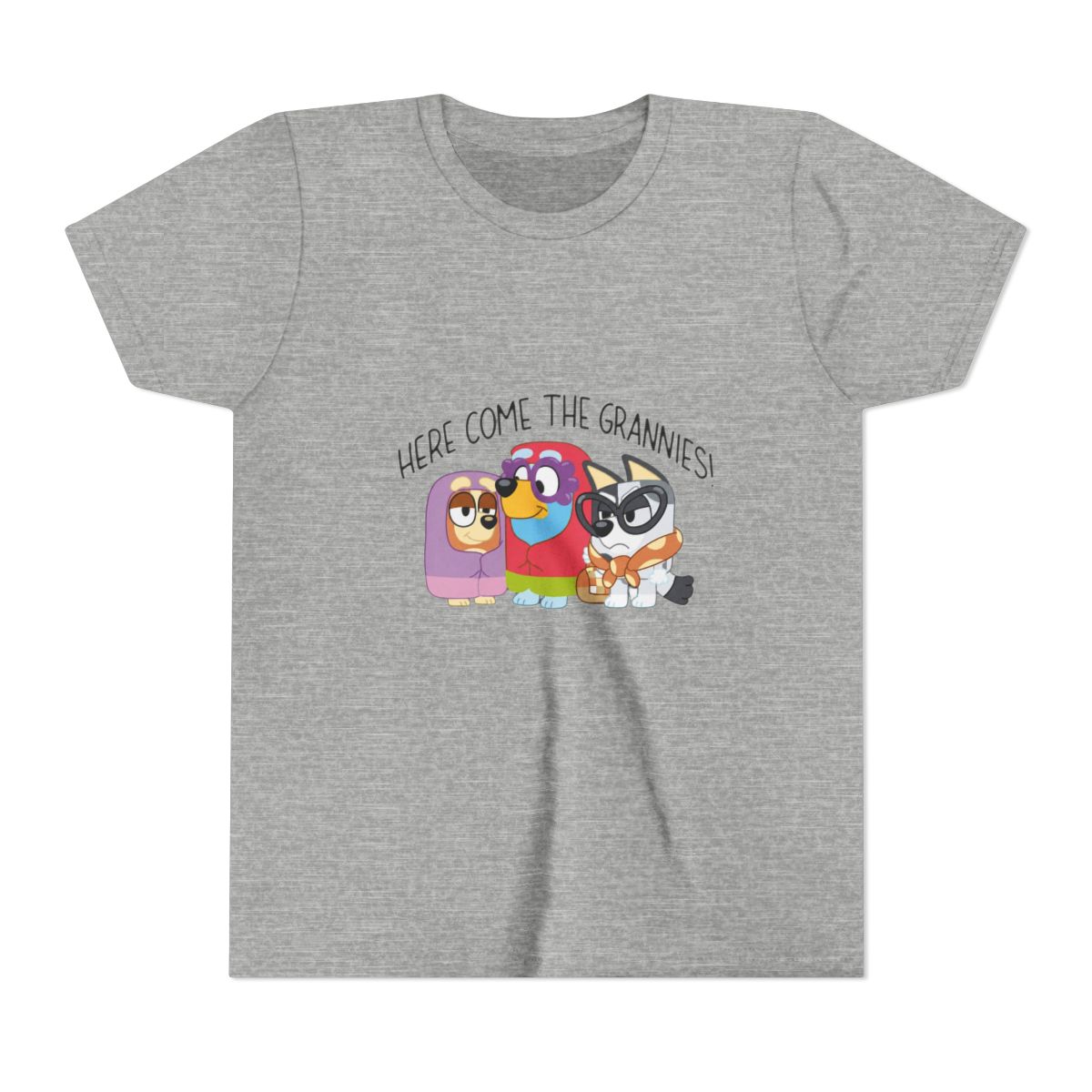 Bluey Here Come The Grannies Funny Scene Kids T Shirt - alternate angle 5, merchandise