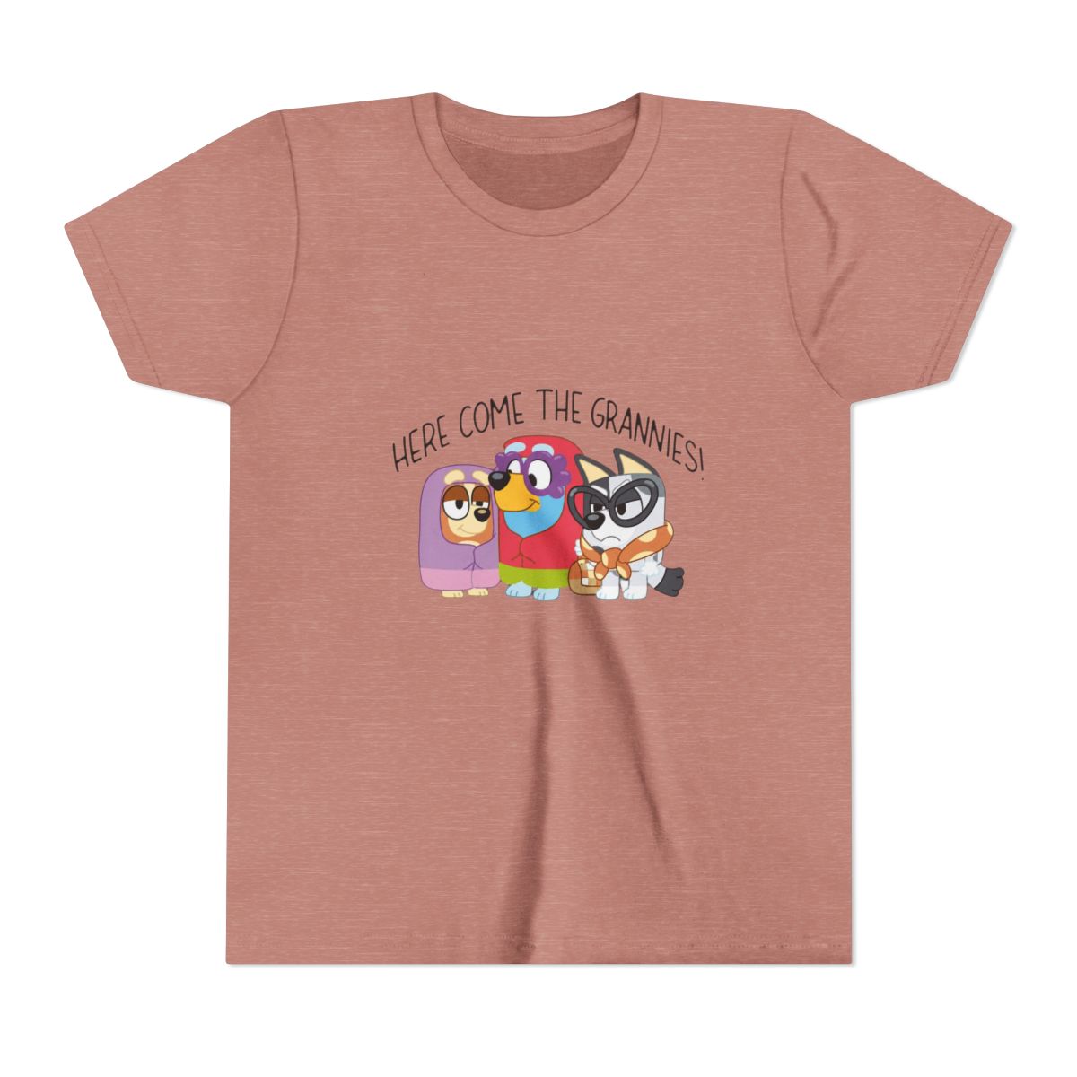 Bluey Here Come The Grannies Funny Scene Kids T Shirt - alternate angle 2, merchandise