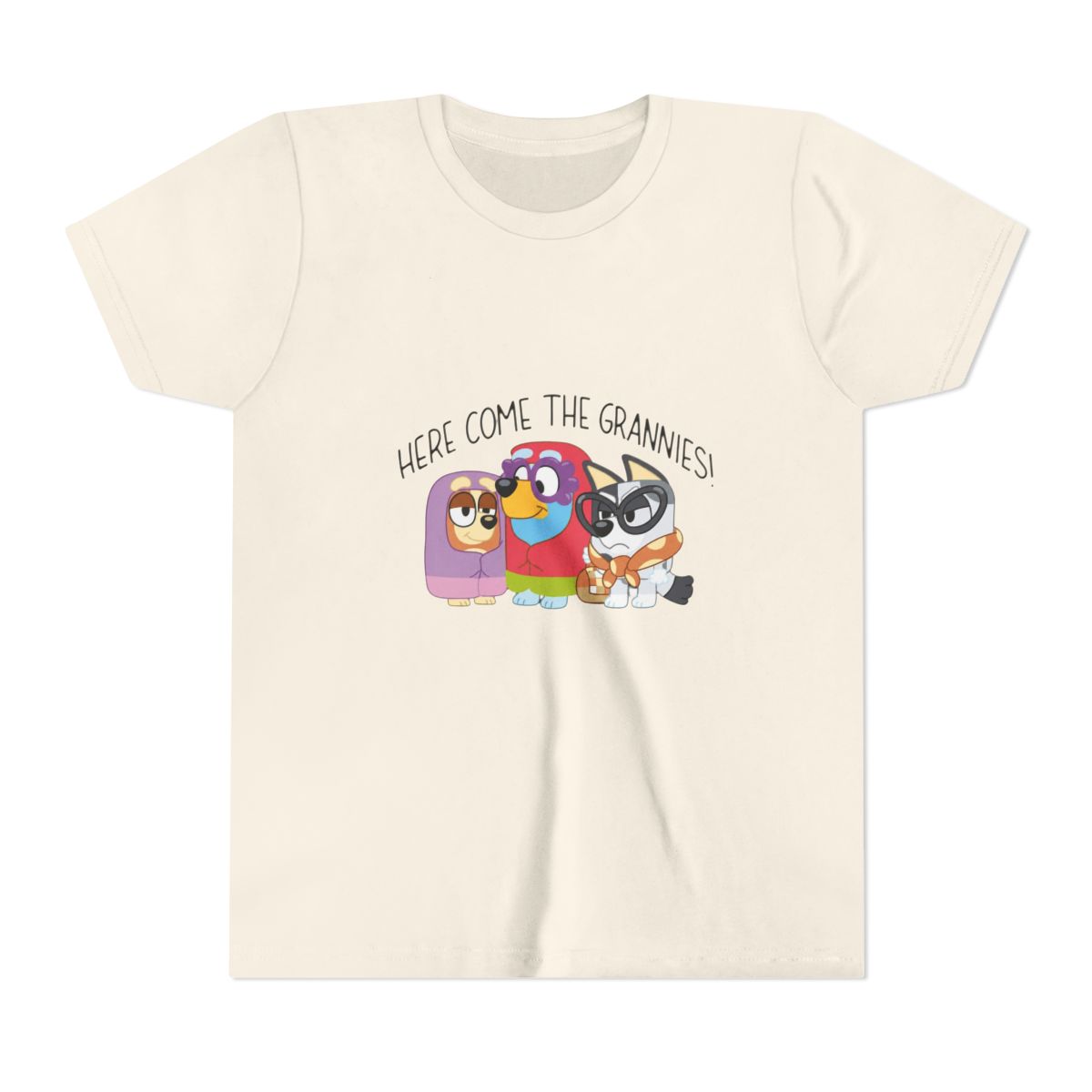 Bluey Here Come The Grannies Funny Scene Kids T Shirt - alternate angle 3, merchandise