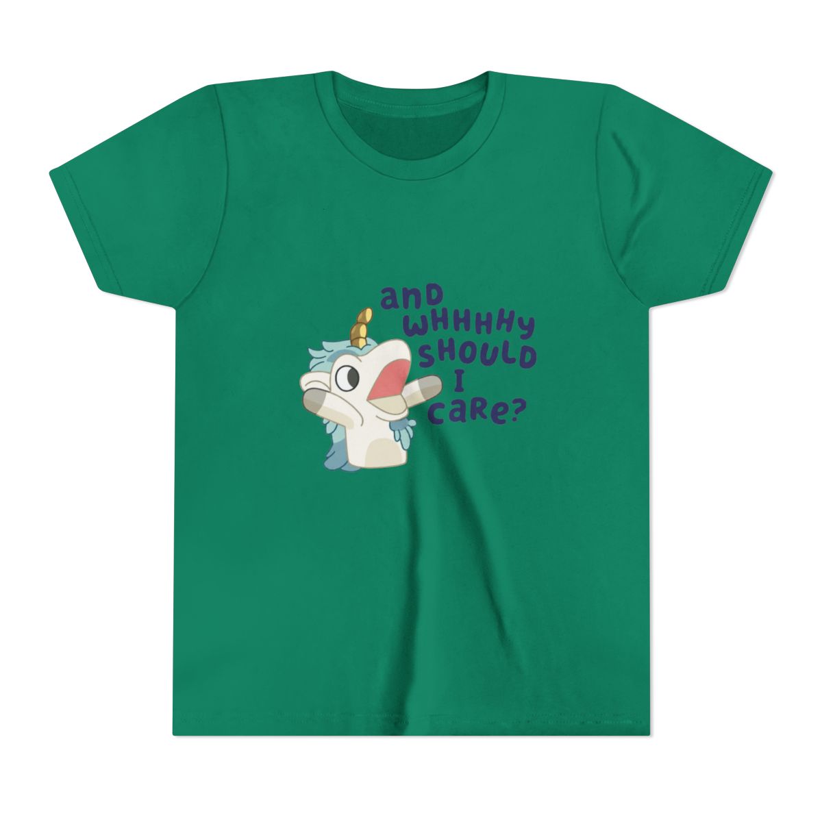 Cute Bluey Unicorse Why Should I Care Bluey Family Vintage Cartoon Kids T Shirt - alternate angle 2, merchandise